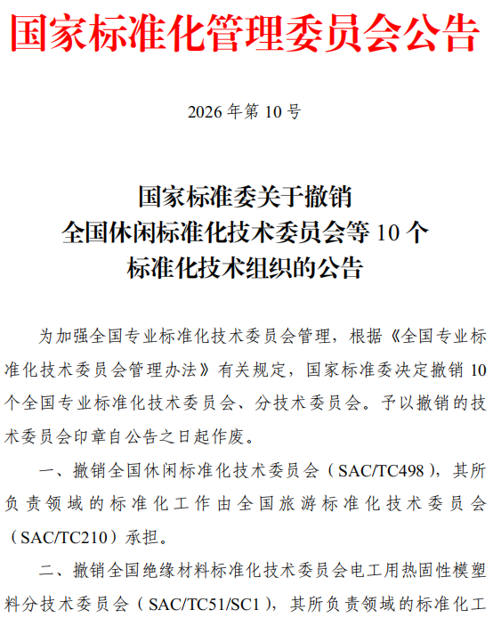 国家标准委关于撤销全国休闲标准化技术委员会等10个标准化技术组织的公告.png